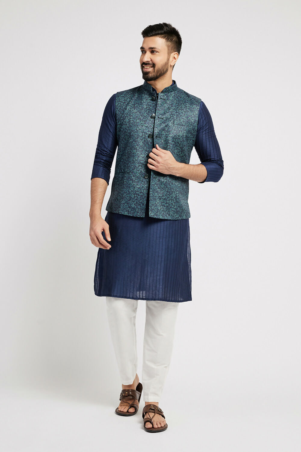 Ethnic India Navy Blue Bundi Men's Jacket Geometric Polyester - Distacart