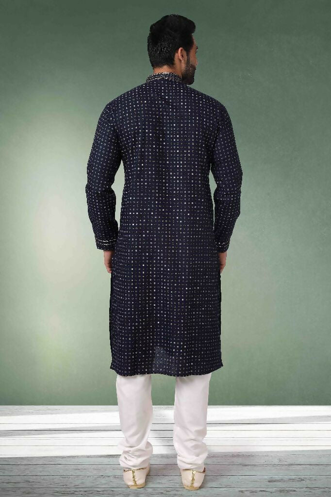 Raivat Ethnic Cotton Printed Work Kurta Pajama In Navy Blue Colour - Distacart