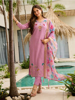 Thumbnail for The52 Lavender Women's Gorgeous Embroidered work Viscose Gadhwal Fabric Straight Kurta, Pant and Dupatta Set - Distacart