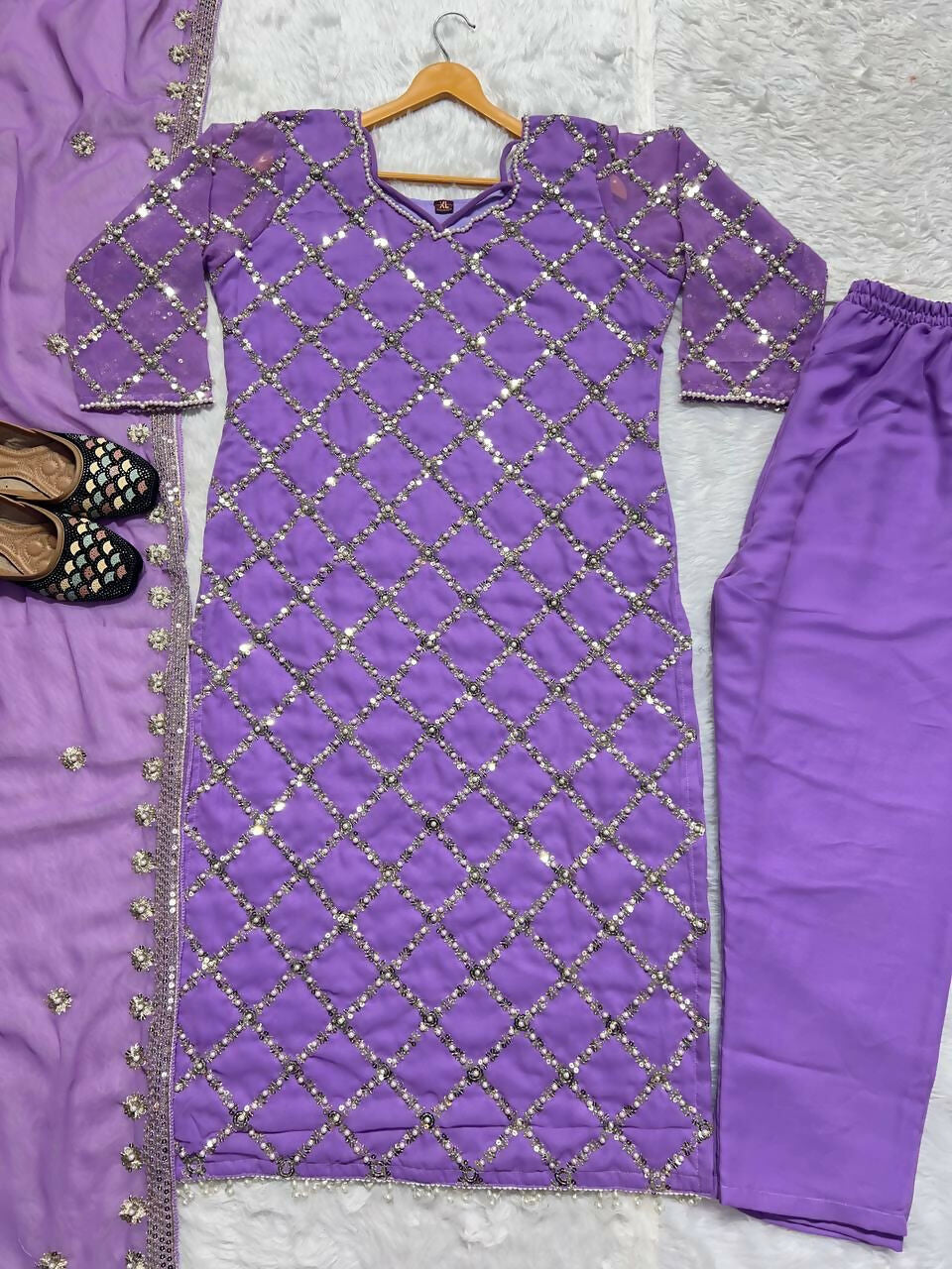 Preksha Creation Indian Festival Special Women Faux Georgette Sequence Embroidered Work Top And Pant With Dupatta - Lavender - Distacart