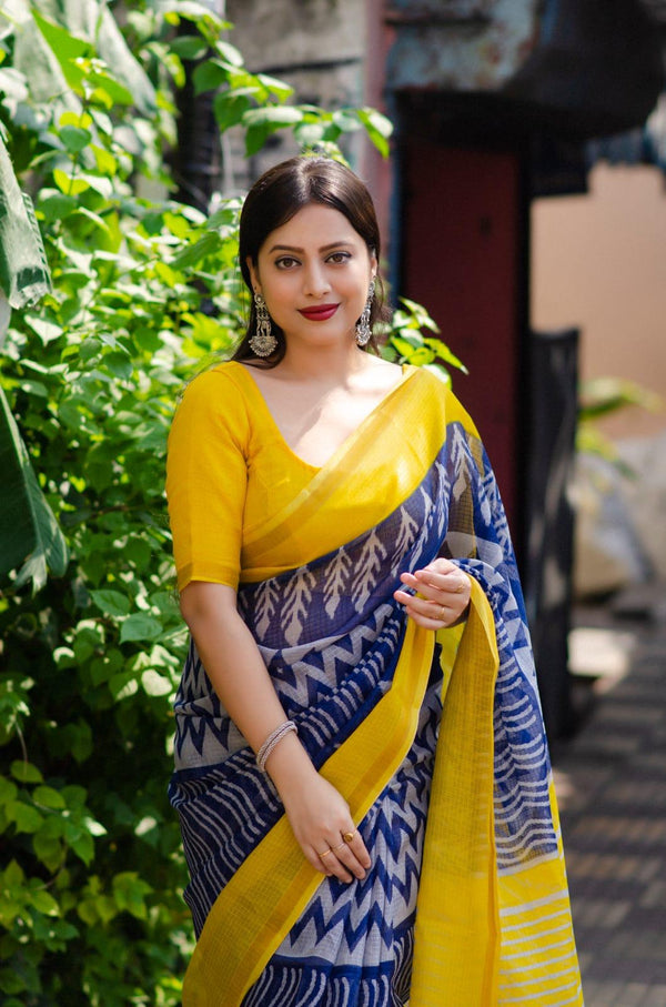 Blue Polycotton Ethnic Motifs Saree with Unstitched Blouse - A2M
