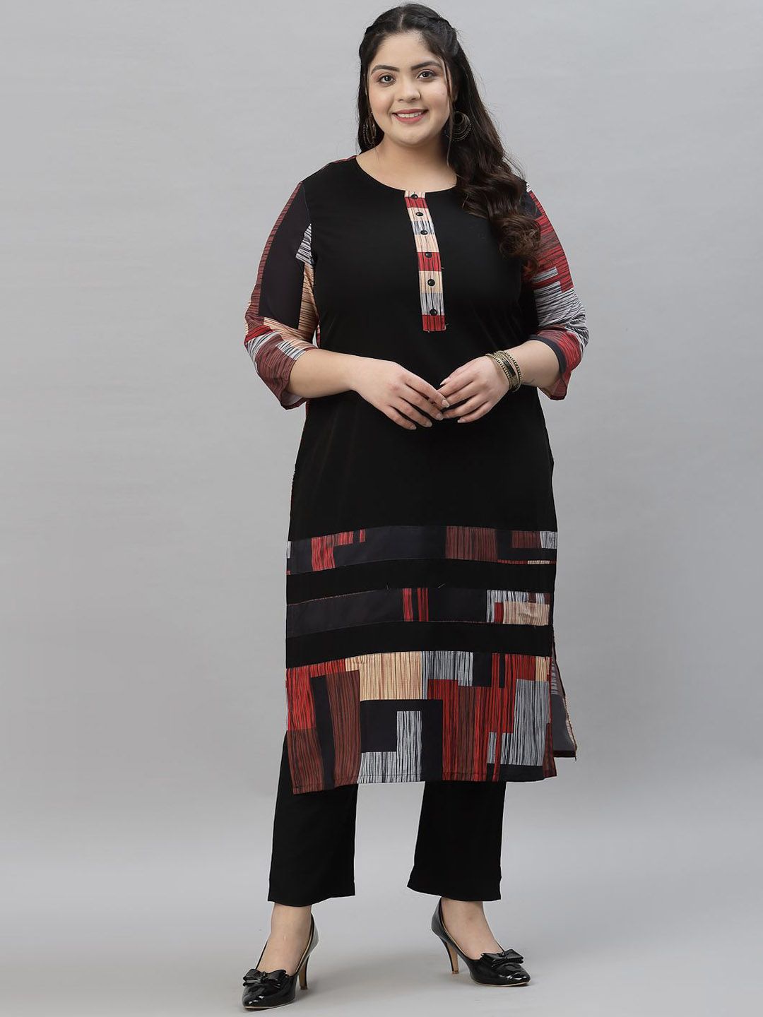Sztori Plus Size Printed Neck Round Neck Straight Kurta - Distacart