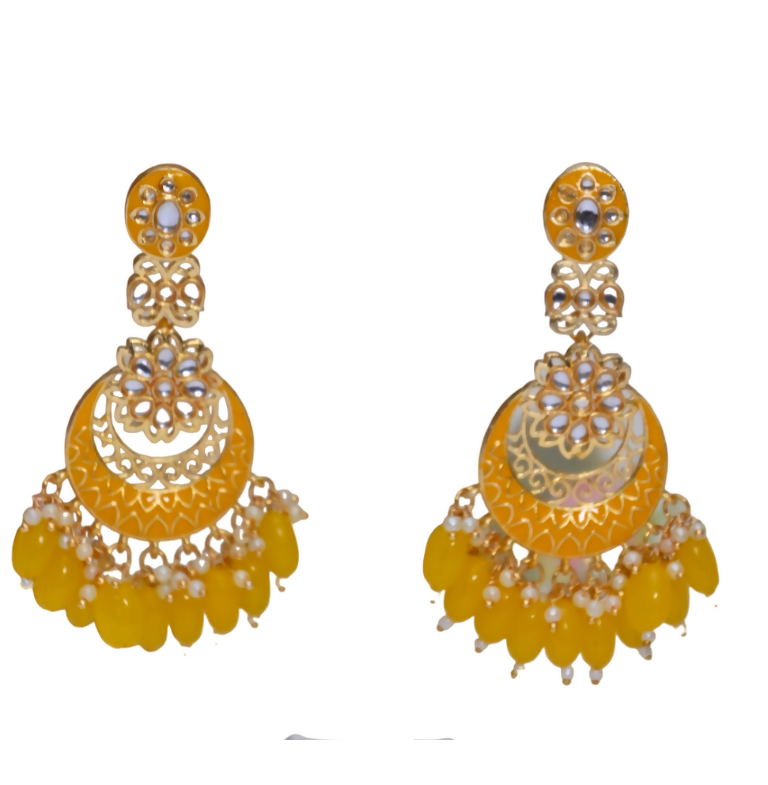 Yellow Gold-Polished Beautifully Enamelled Stylish Kundan & Pearl Dangle Women Earrings|Meenakari Chandbali Traditional Ethnic Wear Earrings By House of Ree - Distacart