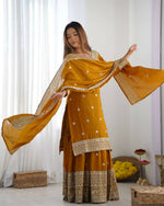 Thumbnail for Joban Fashion Mustard Kurta Set Silk Sequins , Zari, Coding & Thread Embroidered work - Distacart