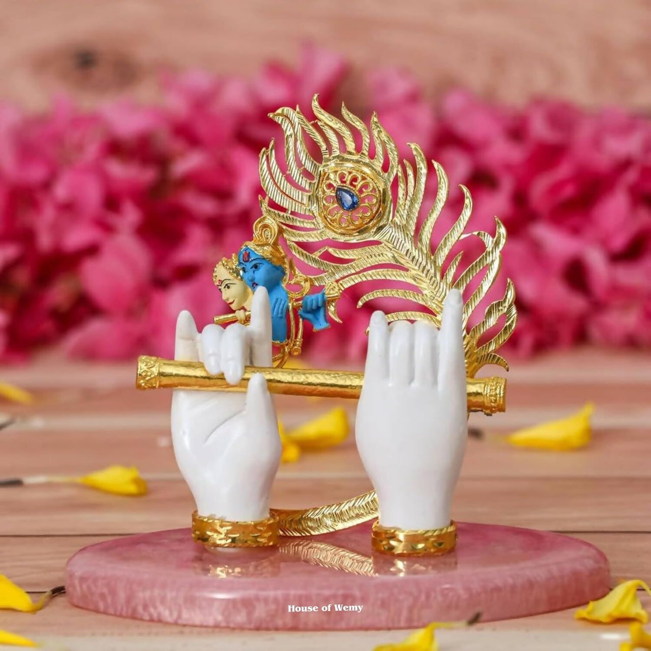House Of Wemy Gold Plated Lord Krishna Hands Idol with Flute, Face and Pecock Feather - Distacart