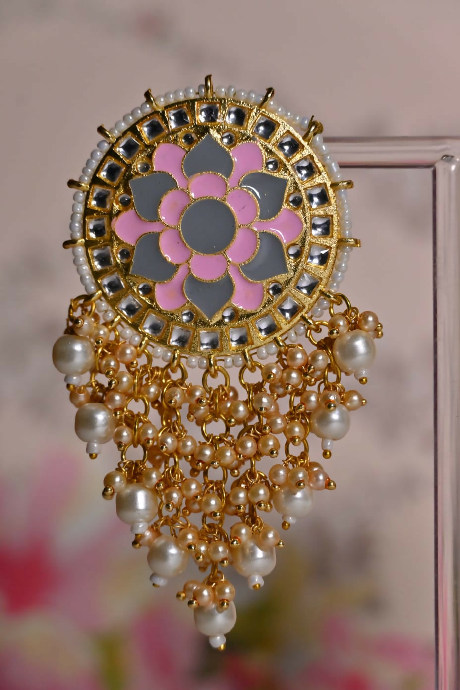 Pink & Grey Mandala Flower Hand Painted Bridal Earrings By House of Ree - Distacart