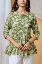Thumbnail for Joban Fashion Green Floral Hand Block Printed Cotton Co-Ord Set - Distacart