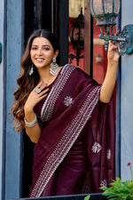 Thumbnail for Vastranavya Wine Embroidery Work Shimmer Chiffon Saree with Unstitched Blouse