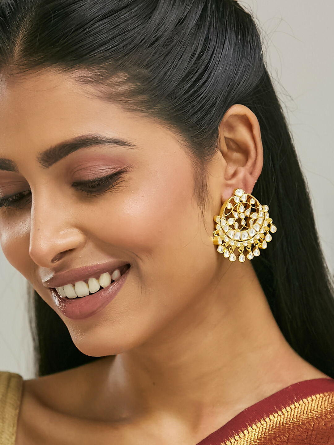 Nuyug 22K Gold-Plated Kundan Stone Studded & Pearl Beaded Moon Chandbalis