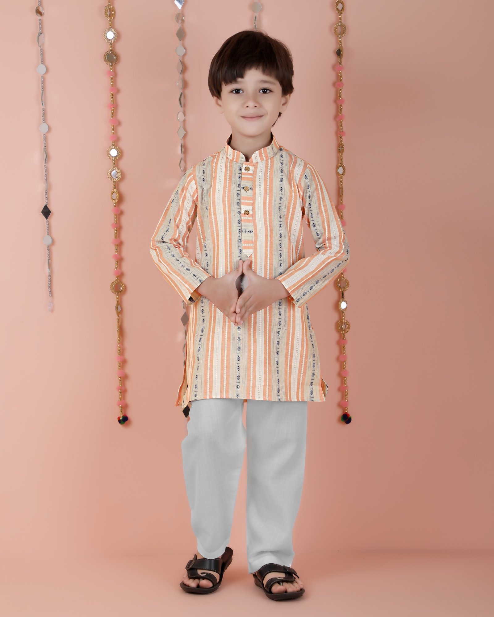 Joban Fashion Kids Island Cotton Full Sleeves Striped Kurta and Pyjama- Orange - Distacart