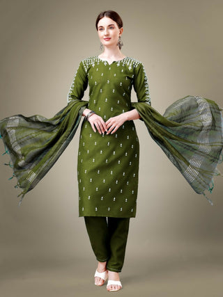 Jyoti Fashion Women's Mehendi Cotton Blend Embroidery & Sequence work Kurta with Trouser & Dupatta - Distacart