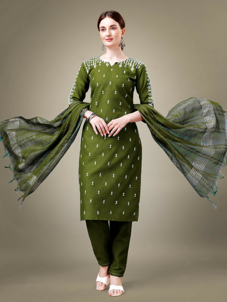 Jyoti Fashion Women's Mehendi Cotton Blend Embroidery & Sequence work Kurta with Trouser & Dupatta - Distacart