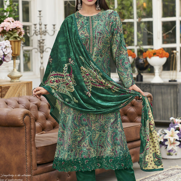 Jyoti Fashion Women's Green Velvet Digital Print with Resham Thread work Kurta with Trouser & Dupatta - Distacart