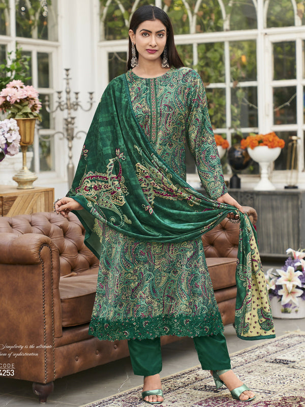 Jyoti Fashion Women's Green Velvet Digital Print with Resham Thread work Kurta with Trouser & Dupatta - Distacart
