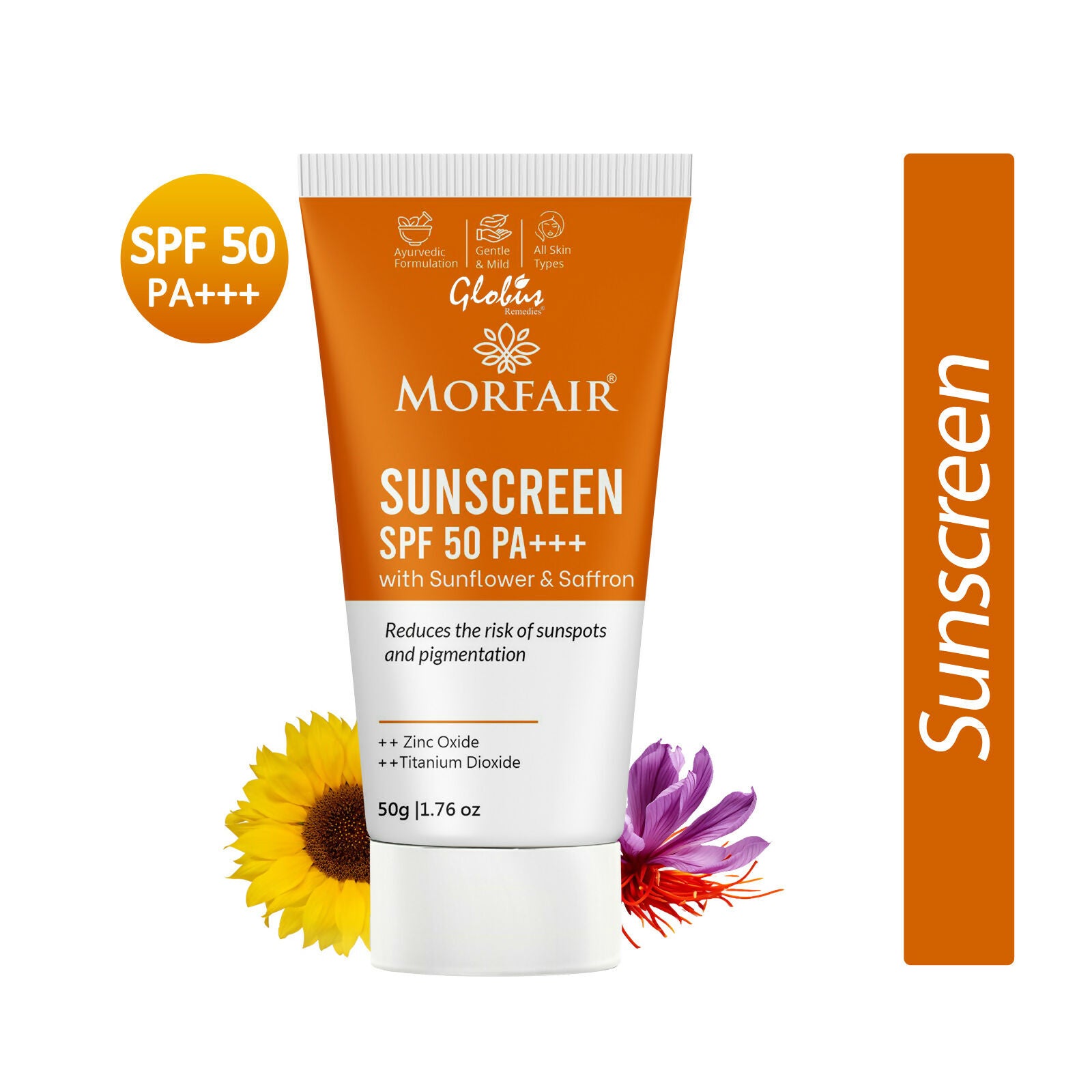 Globus Remedies Morfair Sunscreen SPF 50 PA+++ with Sunflower & Saffron For Reduces Sunspots & Pigmentation