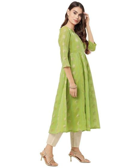Ahalyaa Women Green Chanderi Jacquard Woven Dress