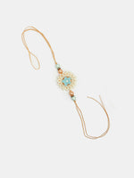 Thumbnail for NVR Women & Men Set of 2 Peach Floral Design Pearl Beaded Bhaiya Bhabi Rakhi With Roli Chawal - Distacart