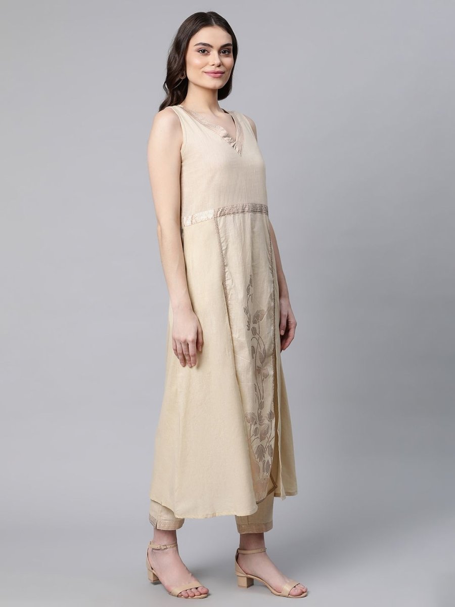 Ahalyaa Women Beige Pure Cotton Printed Floral Kurta With Trousers - Distacart