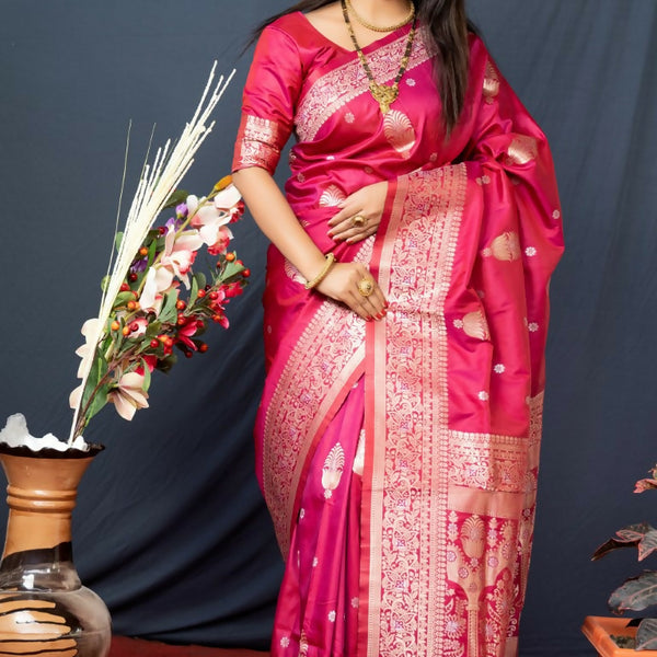 Jyoti Fashion Women's Gajri Red Paithani Silk Zari Woven Saree with Blouse - Distacart