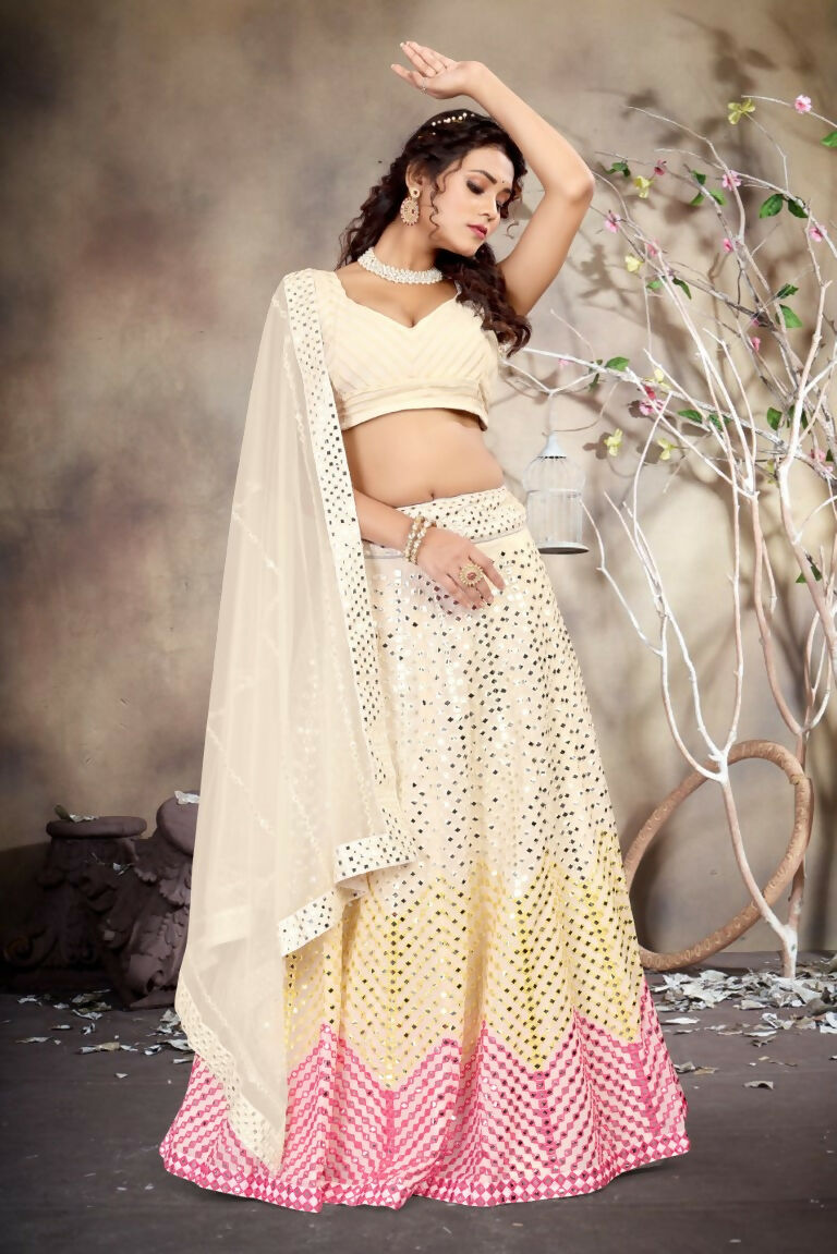 Jyoti Fashion Butter Cream Sequence with Thread Zari Embroidery Georgette Lehenga Choli with Dupatta - Distacart