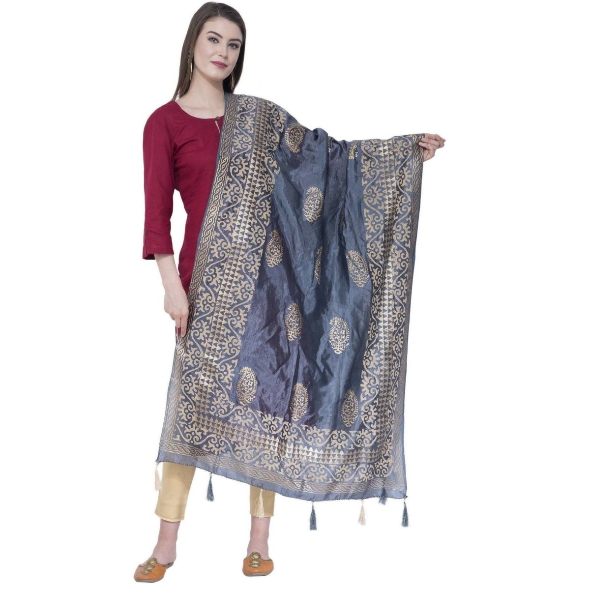 A R SILK Dark Gray Color Silk Pahadi Print Dupattas and Chunnis