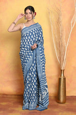 Thumbnail for Very Much Indian Handblock Printed Cotton Saree With Natural Dyes - Blue - Distacart