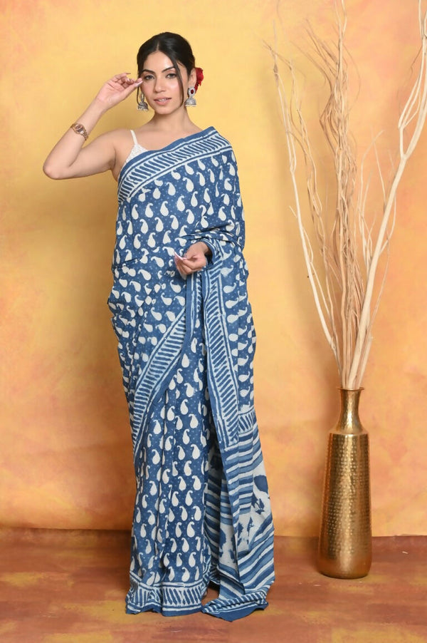 Very Much Indian Handblock Printed Cotton Saree With Natural Dyes - Blue - Distacart