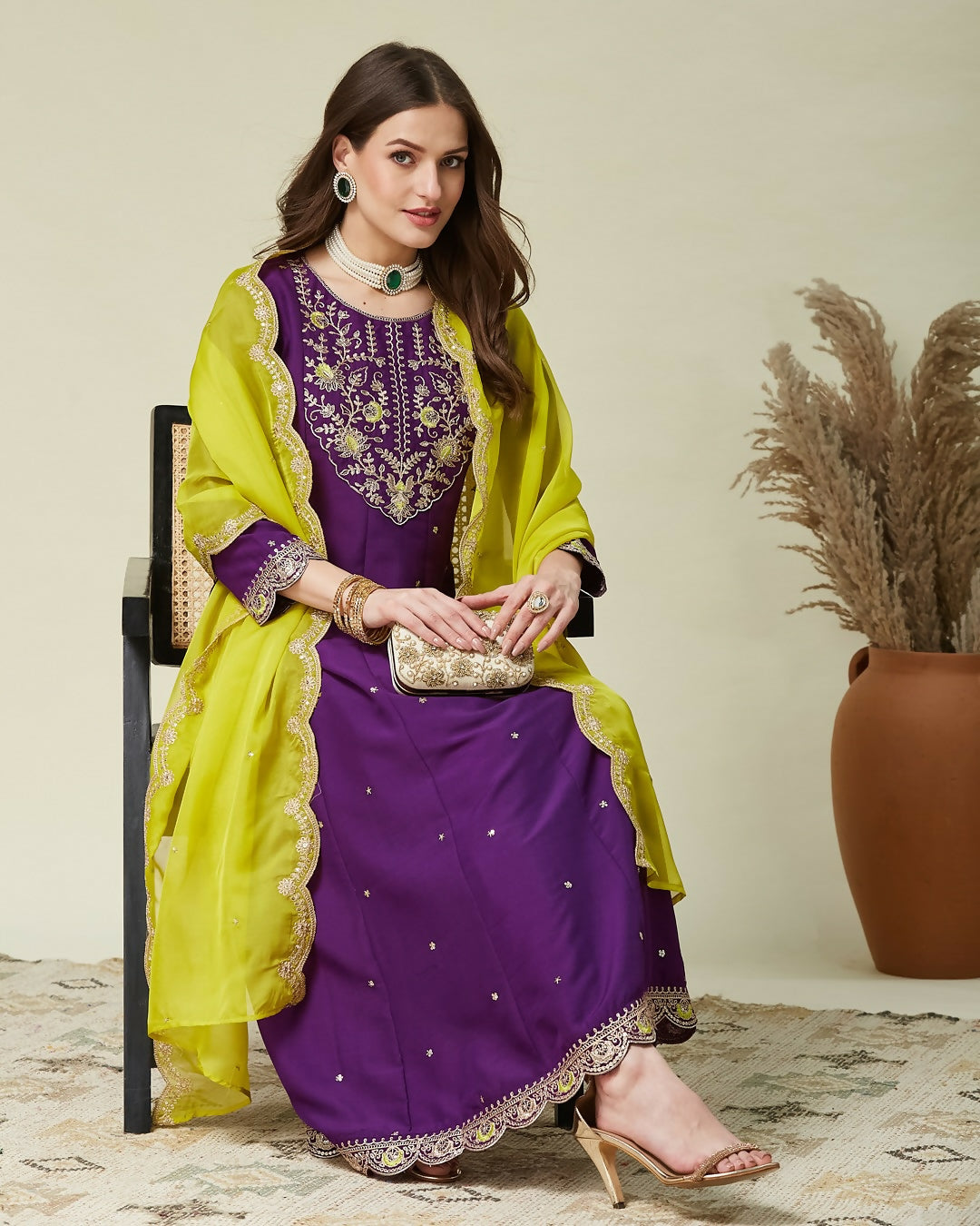 The52 Women's Beautiful Vichitra Fabric Embroidery Work Flared Anarkali Pant and Dupatta Set - Distacart