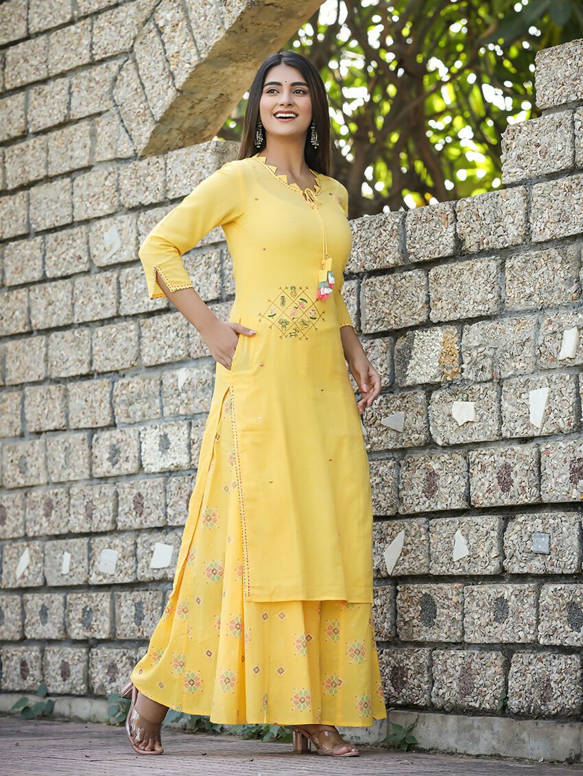 Kaajh Women's Yellow Embroidery Kurta Sharara Set - Distacart