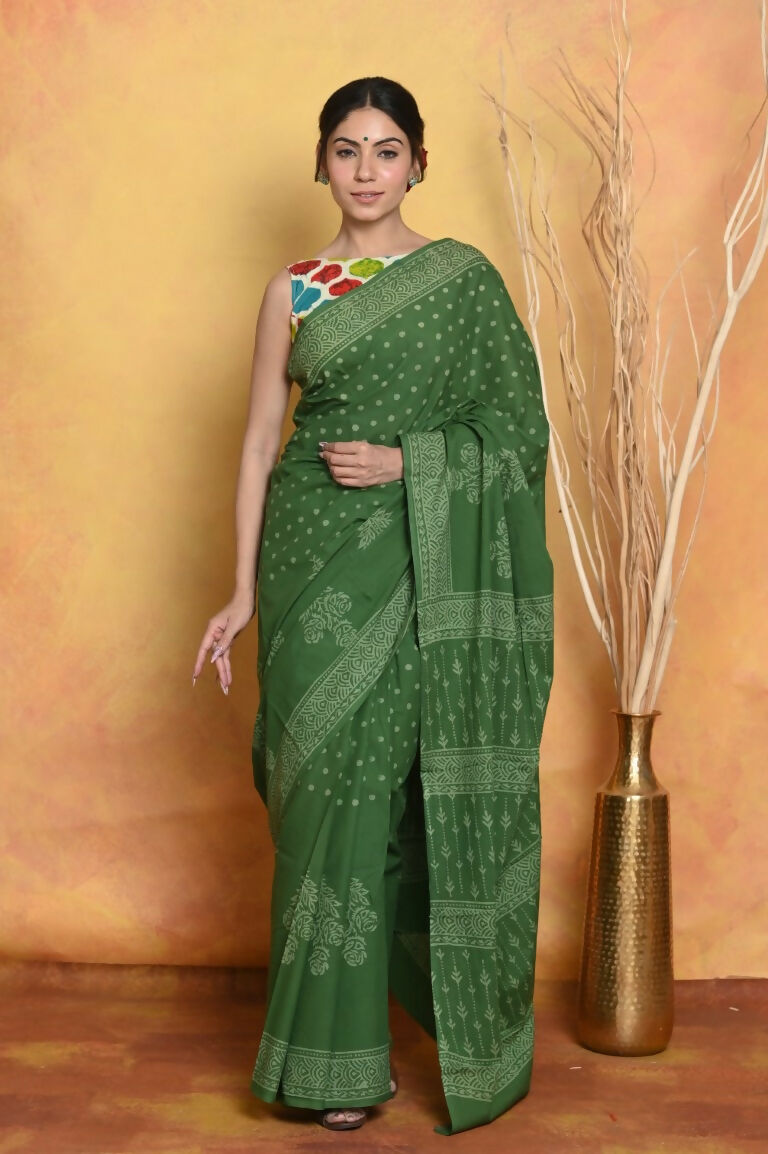 Very Much Indian Handblock Printed Cotton Saree With Natural Dyes - Green - Distacart
