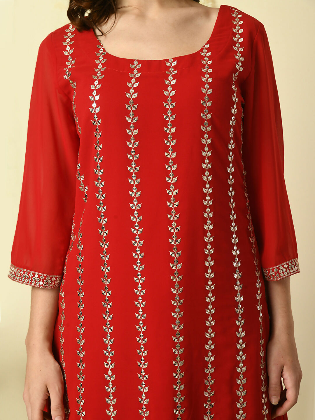 Myshka Women's Red Georgette Kurta & Palazzos With Dupatta Party Sets - Distacart