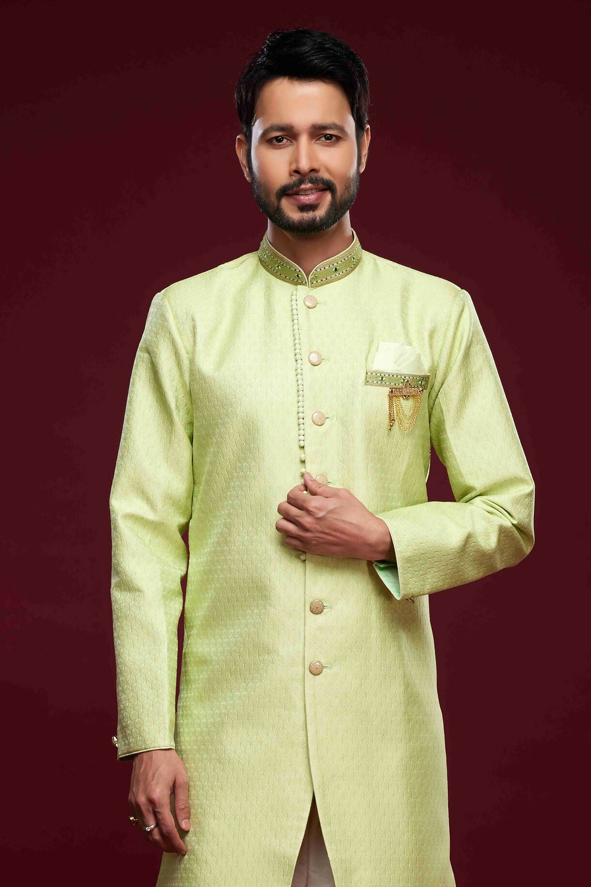 Raivat Ethnic Banarasi Jacquard Embroidery Semi Indo Western Sherwani In Pista Green Colour