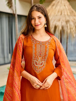 Thumbnail for The52 Rust Women's Gorgeous Embroidered work Rayon Fabric Straight Kurta, Pant and Dupatta Set