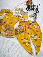 Thumbnail for Divine Drape Girl's Faux Georgette Digital Print Flared Top Dhoti With Dupatta - Yellow