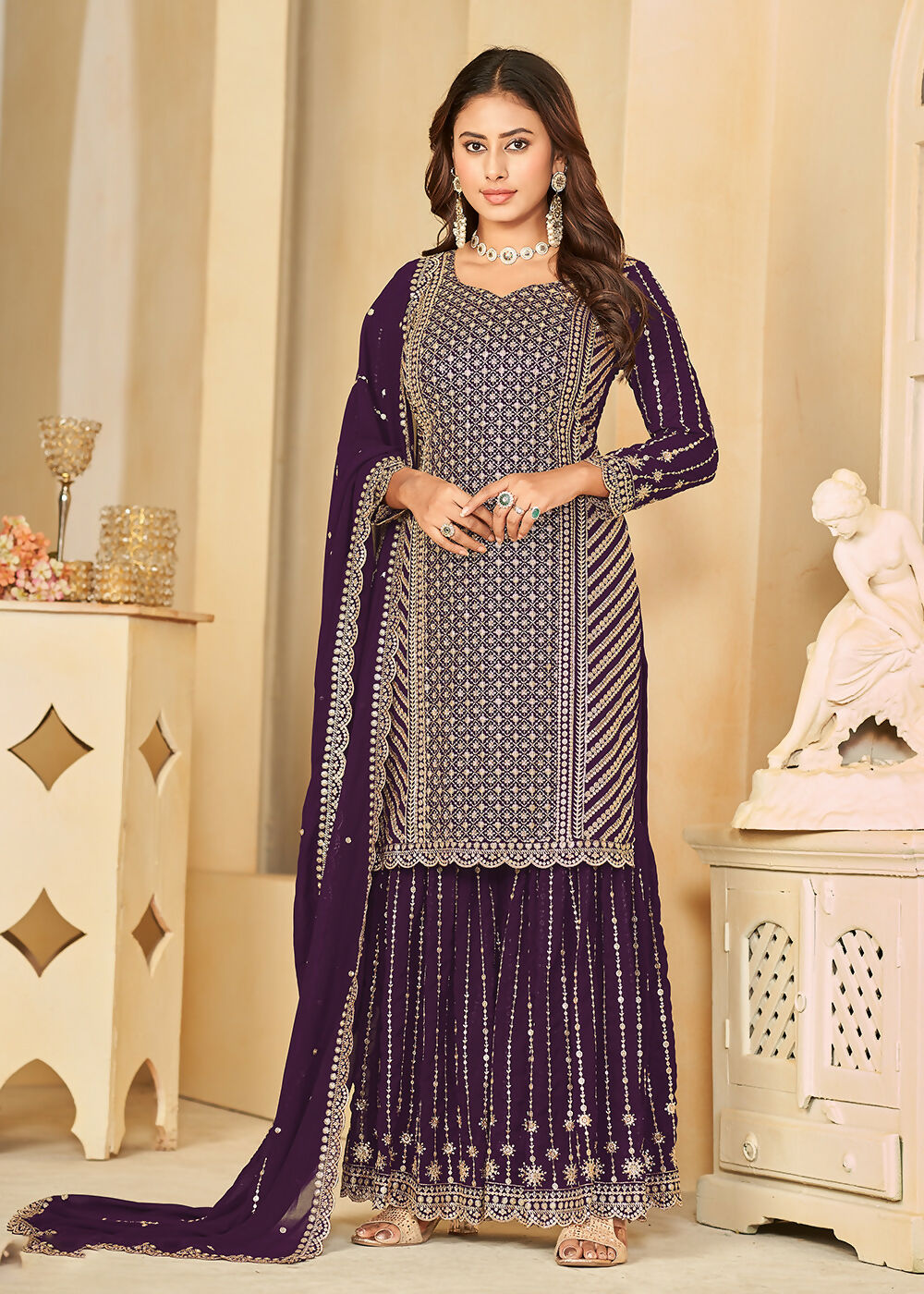 Mesmeric Purple Faux Georgette Palazzo Suit with Embroidery - Emponline - Distacart