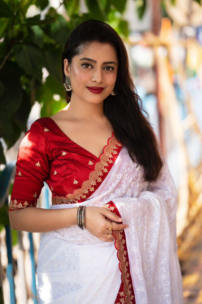 White Pure Georgette Woven Design Saree with Unstitched Blouse - A2M - Distacart