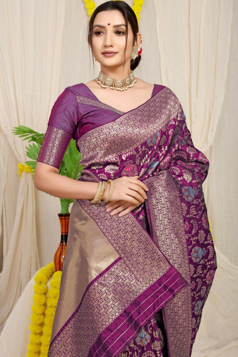 Jyoti Fashion Women's Wine Kanjivaram Silk Zari Woven Saree with Blouse - Distacart