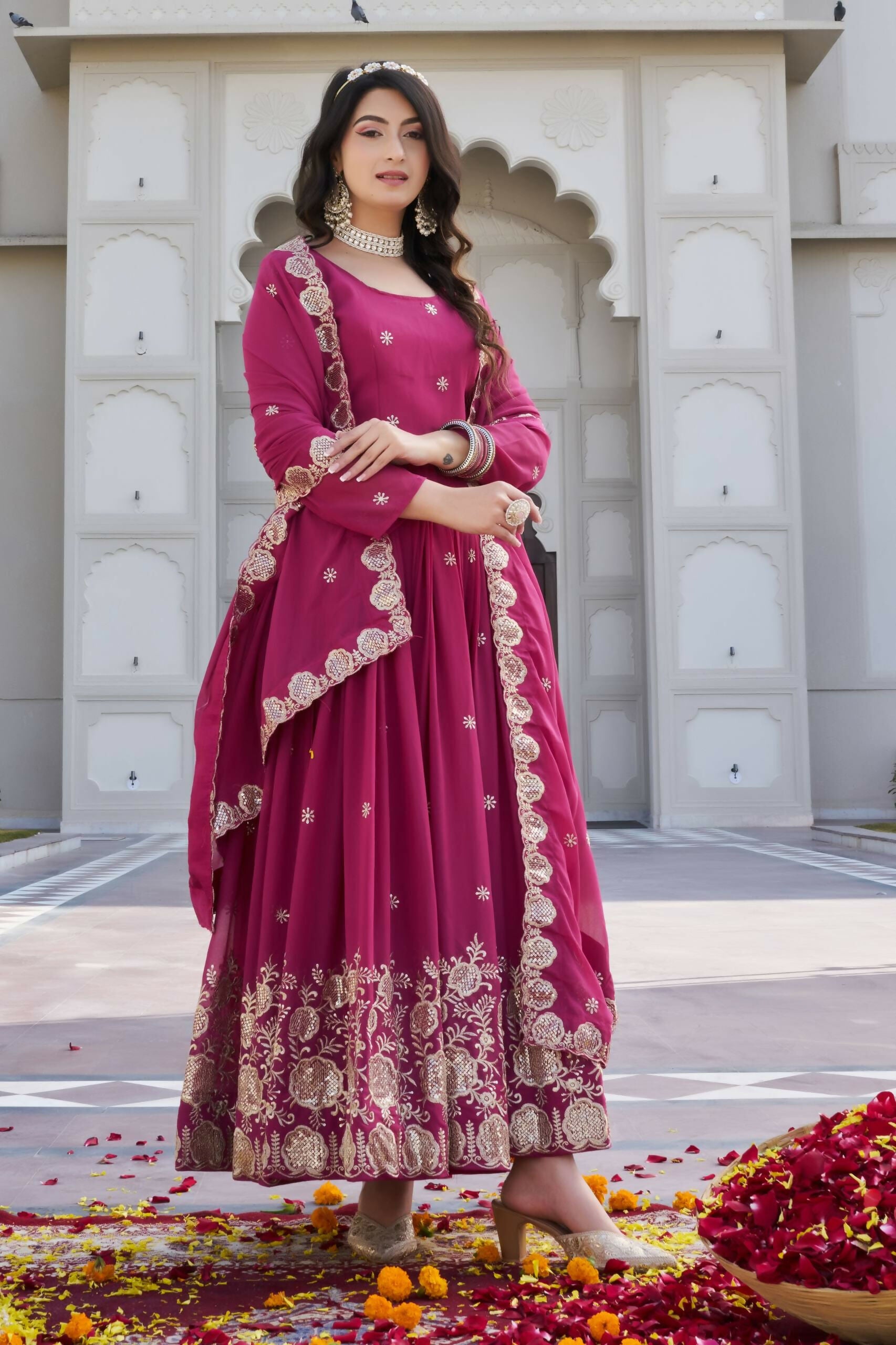 Teeya Creation Womens Wedding Wear Heavy Sequence Embroidery Work Pink Gown Set - Dista