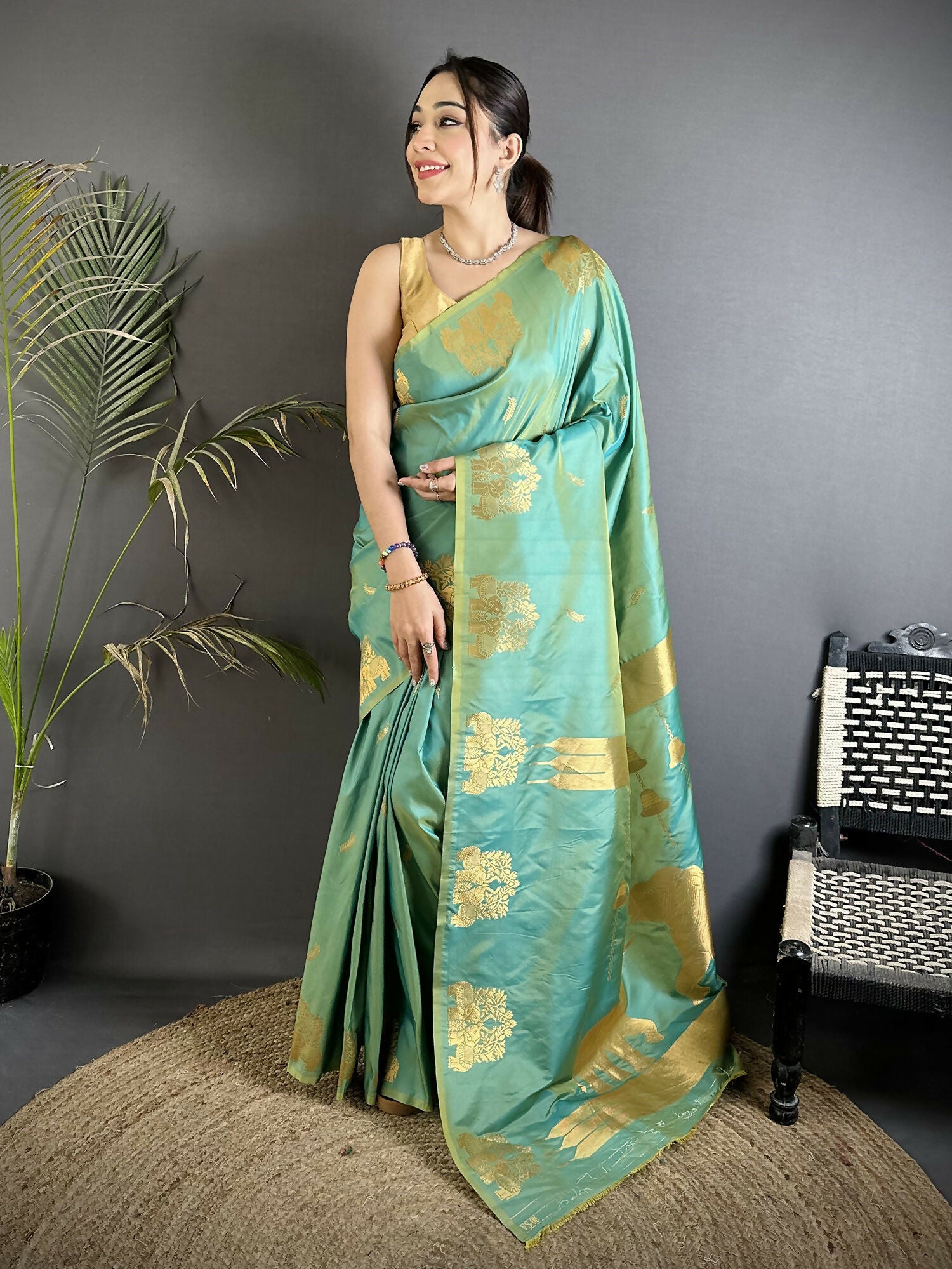 Joban Fashion Sea Green Motifs Zari Weaving Soft Silk Banarasi Saree - Dista