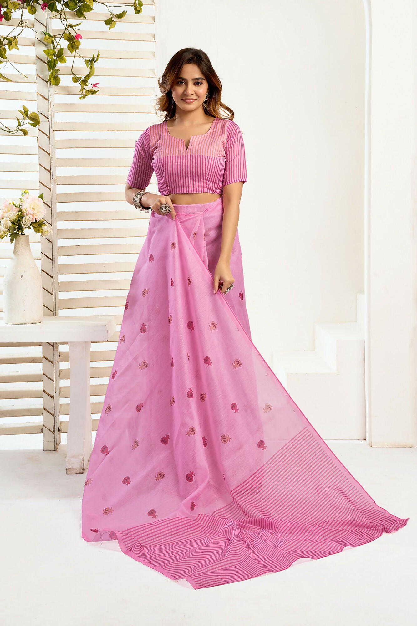 Vastranavya Baby Pink Digital Printed Linen Ready To Wear Designer Saree with Unstitched Blouse - Distacart