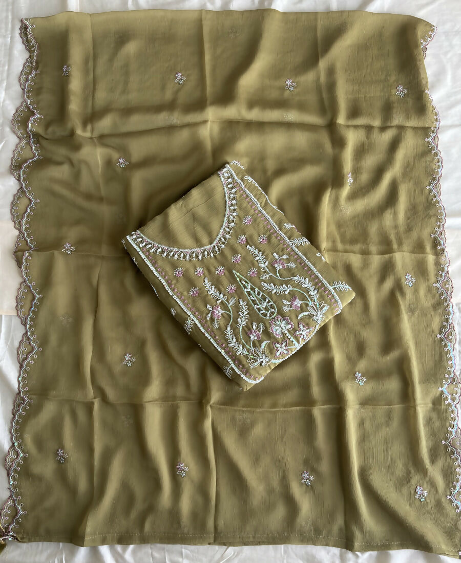 KC Beautiful Mustard Chiffon Silk Hand Embroidery Suit For Women - Dista
