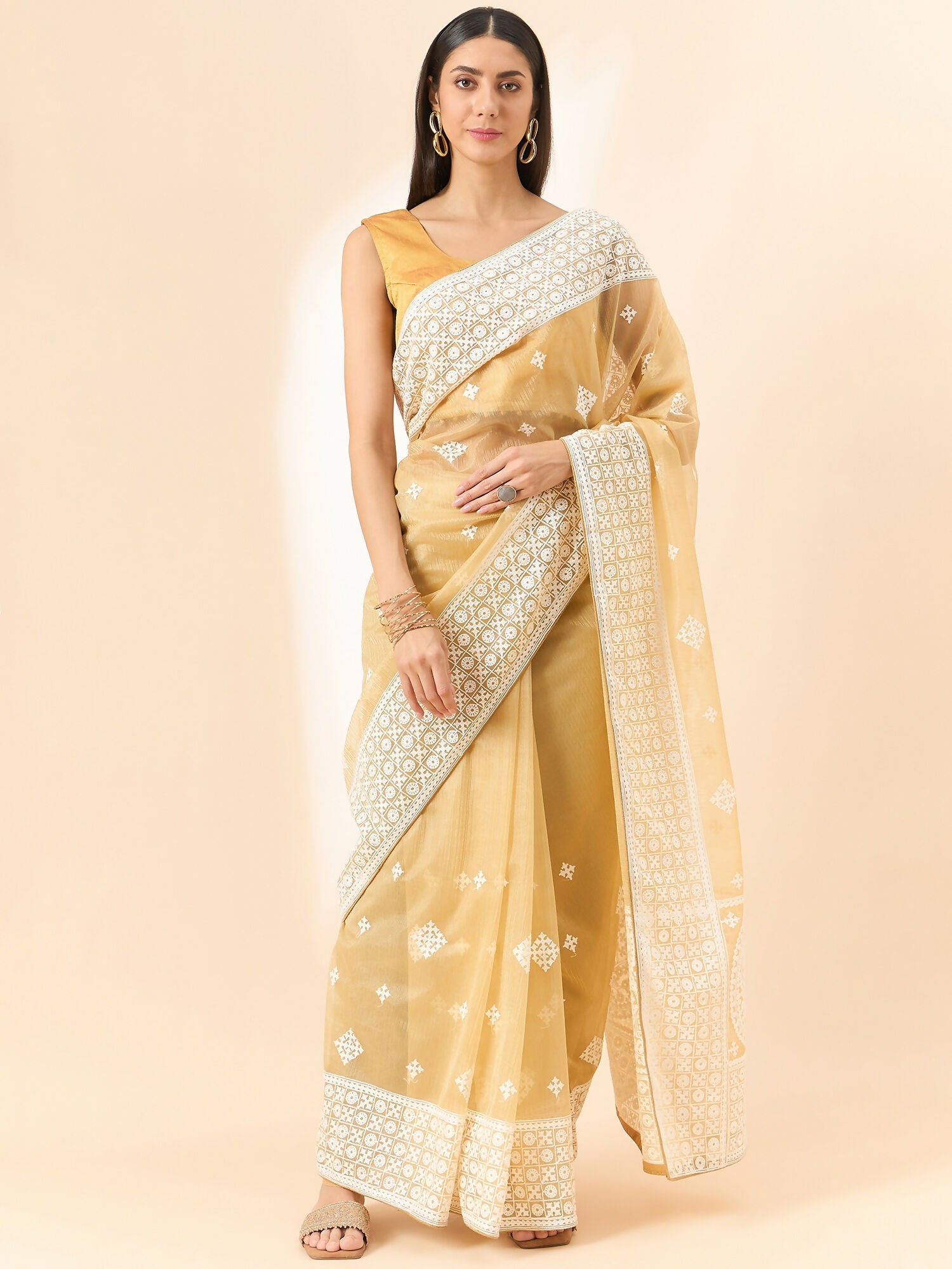 Beige Organza Geometric Embroidered Saree with Unstitched Blouse Piece - Roozal - Distacart