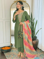 Thumbnail for Divine Drape Women's Rayon Embroidered Straight Kurta Pant With Dupatta - Mahendi