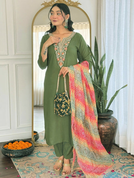 Divine Drape Women's Rayon Embroidered Straight Kurta Pant With Dupatta - Mahendi