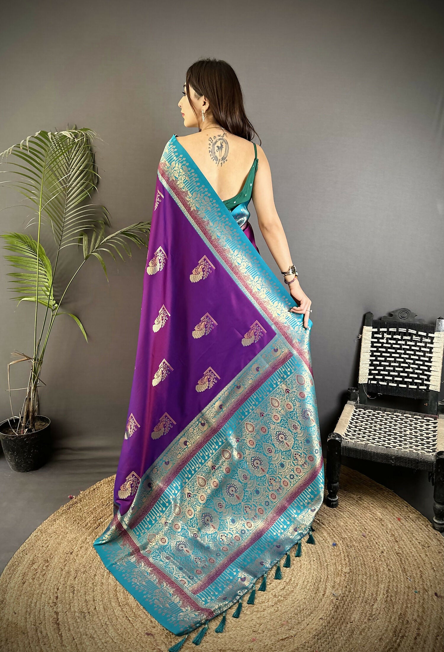 Joban Fashion Purple Banarasi Soft Silk Peacock Butta Work Saree