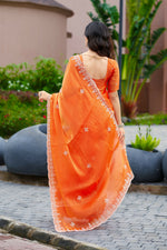 Thumbnail for Vastranavya Orange Embroidery Work Shimmer Chiffon Saree with Unstitched Blouse