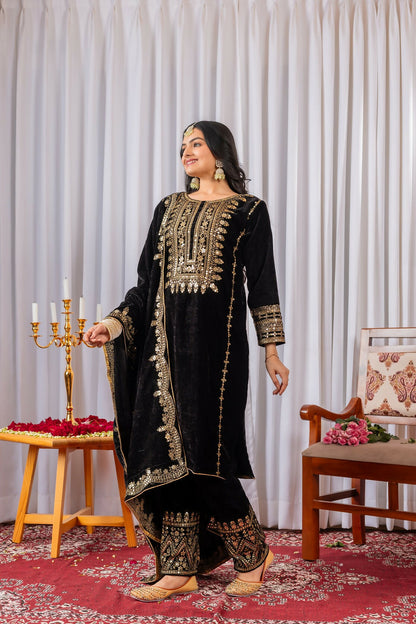 Joban Fashion Black Velvet Sequence Embroidery Work Kurta Set - Distacart