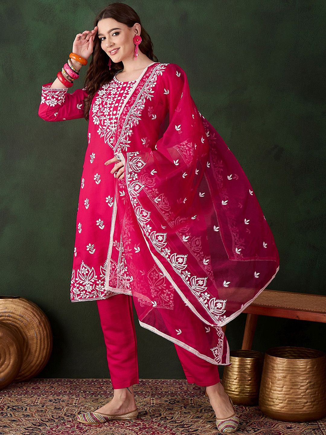 Sangria Pink Floral Embroidered Thread Work Pure Cotton Kurta & Trousers & Dupatta