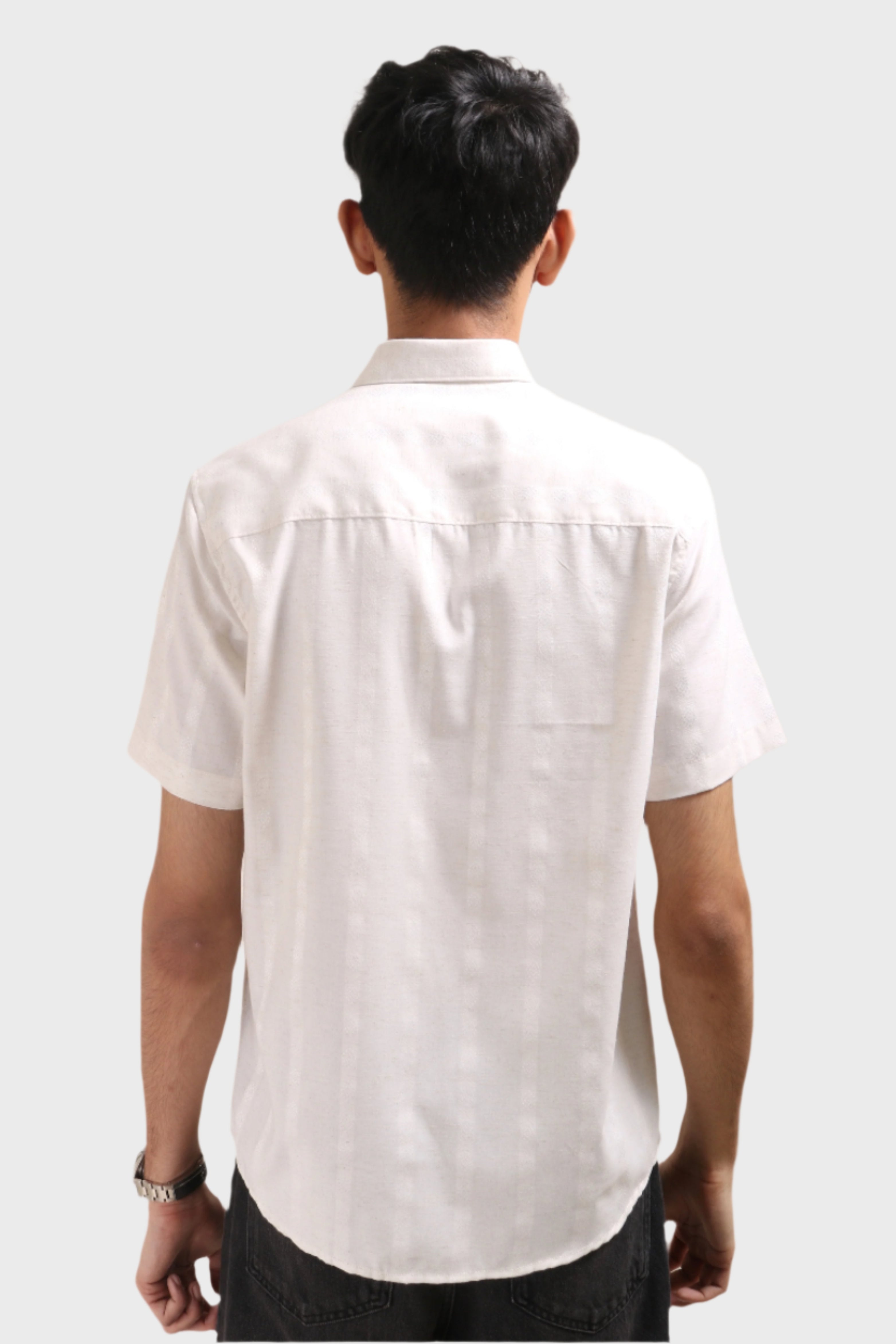 Xkind Off White Self Stripes Regular Fit Shirt