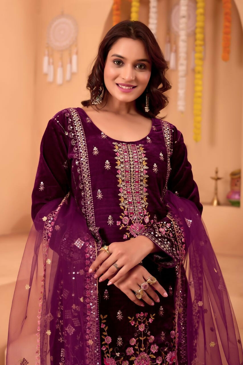 Teeya Creation Purple Color Velvet Embroidery Work Wedding Wear Salwar Suit